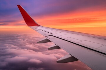 Fototapeta premium Airplane wing above clouds at sunset