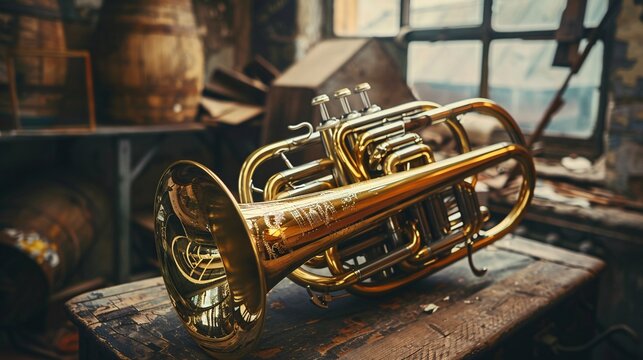 A shiny brass mellophone rests on a weathered wooden surface in a room with muted, vintage tones.