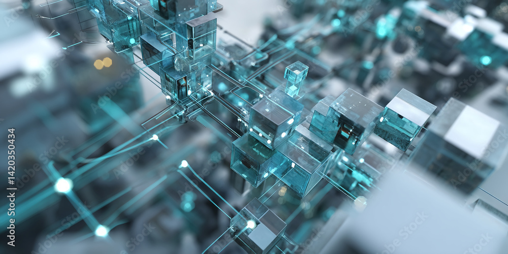 Poster abstract image of interconnected teal glass cubes, creating a complex network structure, symbolizing
