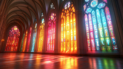 Vibrant stained glass windows gothic cathedral interior photography religious environment artistic perspective