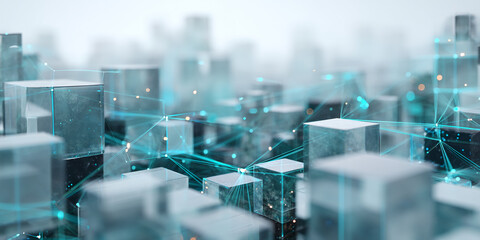 Abstract image of interconnected glass cubes, creating a network visualization, showcasing data flow and connectivity, symbolizing technology, innovation, and digital communication