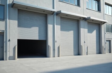 Open grey iron shutter door of garage industrial building warehouse exterior facade with concrete road. Empty storage space. Steel metal warehouse front. Nobody.