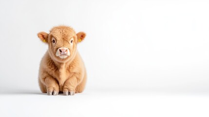 Cute calf, light beige fur, sitting, against white background