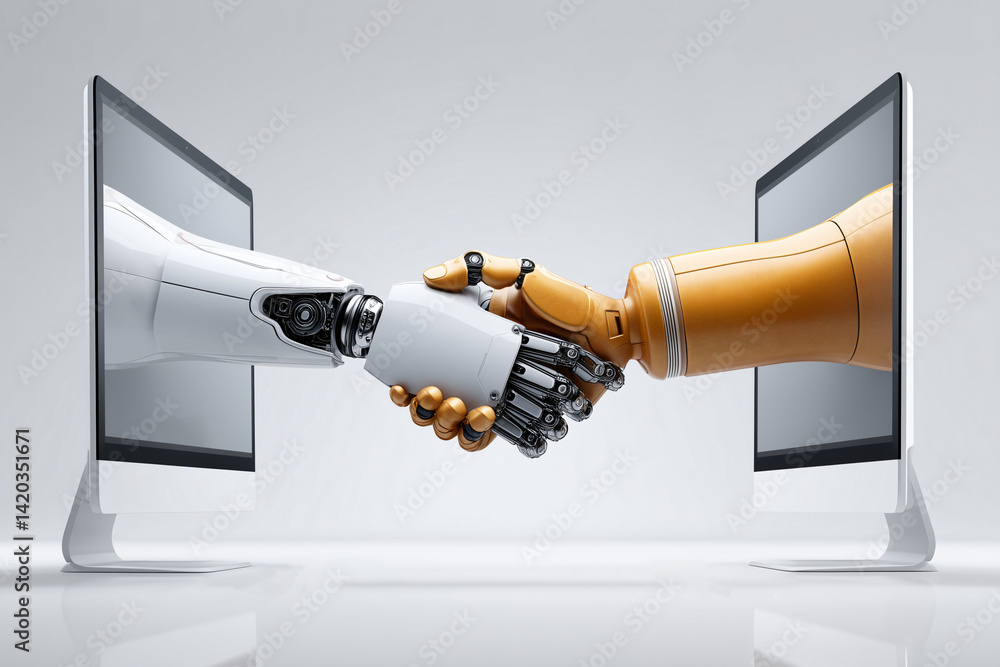 Poster digital handshake: robotic arms extend from computer screens, performing a handshake symbolizing col