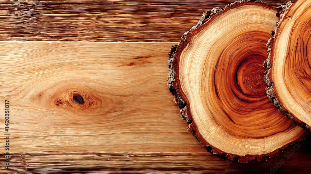 Aufkleber wood slices on textured wooden surface rustic charm in circular grain patterns close up design.