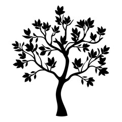 Monochrome illustration of a stylized tree with leaves on a white background