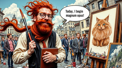 Obraz premium Redhead artist holding notebook in city street scene