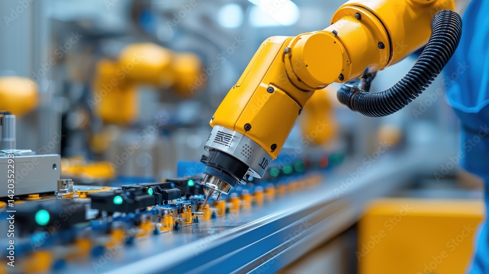 Poster A robot is working on a line of electronic components