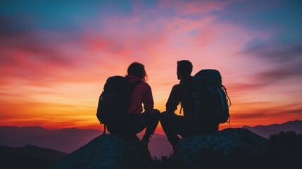 Silhouetted couple enjoying sunset view on mountains