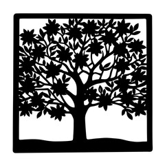 Silhouette of a flowering tree within a square frame in black and white