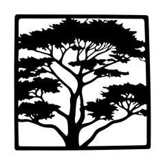 Silhouette of a detailed tree in a square frame and black and white