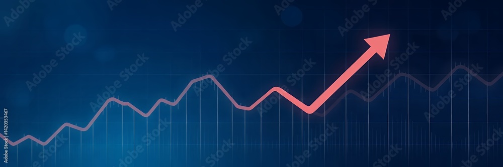 Poster a red line graph with an arrow pointing upwards on a dark blue background with vertical lines