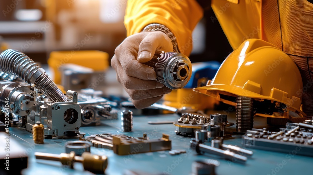 Poster a man is working on a machine with a yellow helmet on