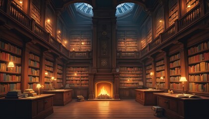 Illustration old library interior design. Wooden bookshelves with stacks books. Dim lighting creates historic cozy atmosphere. Fireplace, antique decorations. Warm light, traditional, vintage