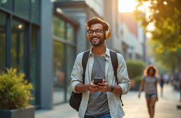 Happy young Indian man wearing headphones, glasses, holding phone. Smiling, walking on city street, messaging, listening to music, using mobile tech. Businessman, pro with backpack, casual attire,