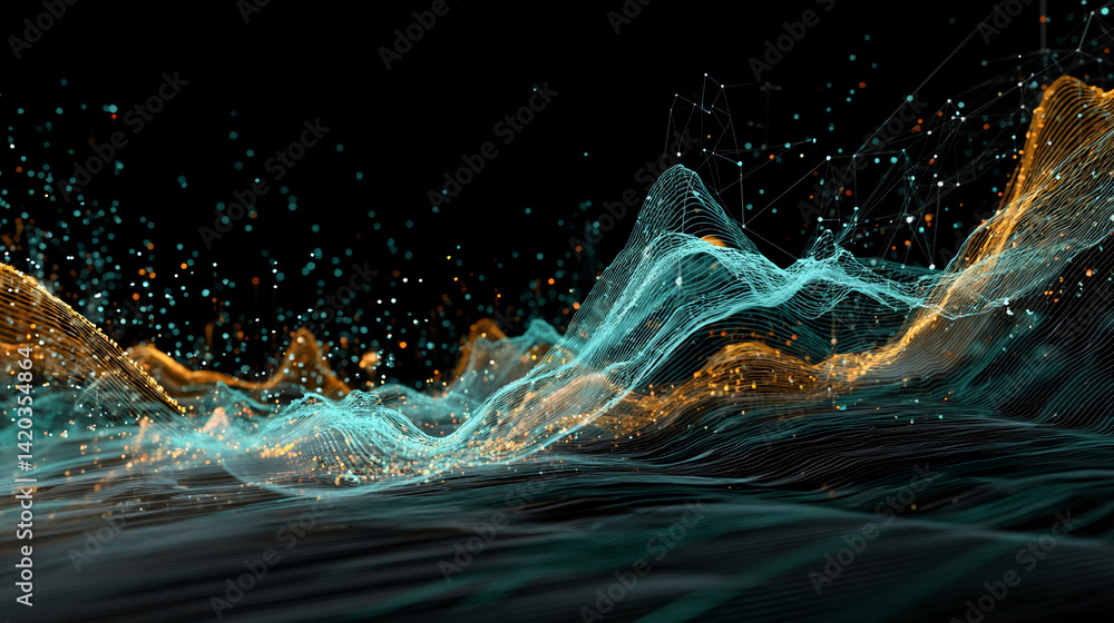 Poster abstract teal and orange digital waves flowing over dark background, creating dynamic and futuristic