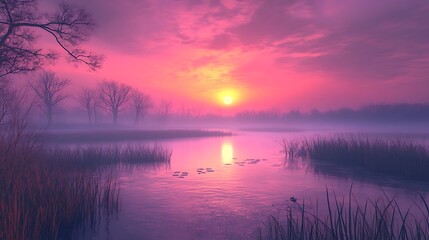 Obraz premium Misty Sunrise Over River Marsh