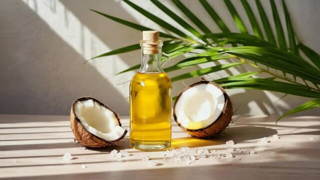 Glass bottle of golden coconut oil placed between two fresh coconut halves on a wooden surface with tropical palm shadows, symbolizing natural beauty, skincare, wellness, and exotic summer vibes.