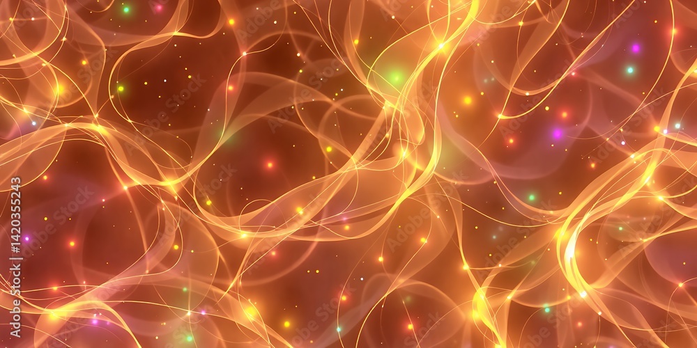 Poster an abstract background with flowing orange lines and scattered glowing multicolored particles effect