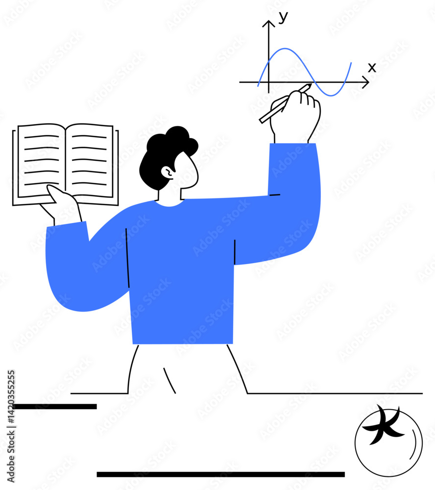 Poster person holding book and drawing graph on cartesian plane with x and y axes. ideal for education, tea