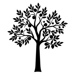 Elegant Black Silhouette of a Fruit Bearing Tree on White Background