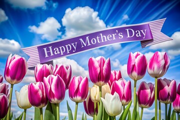 Happy Mother's Day Tulip Bouquet Banner - Blue Sky