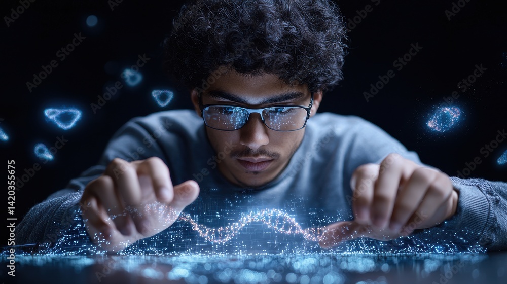 Poster A man with glasses is looking at a computer screen with a blue background