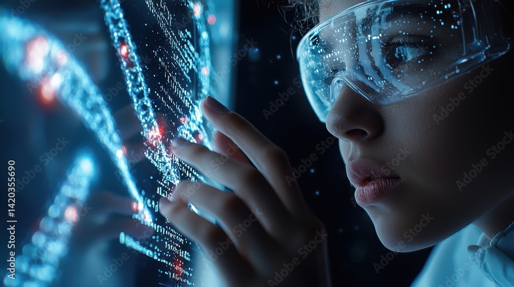 Poster A woman wearing a pair of goggles is looking at a computer screen with a DNA str