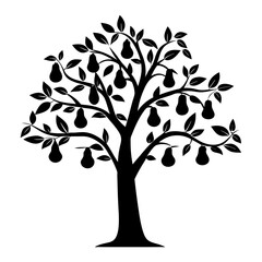 Silhouette of a pear tree filled with ripe pears and lush leaves