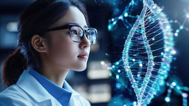 A woman wearing glasses is looking at a computer screen with a DNA strand