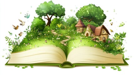 Fairytale house on book island with birds, greenery background. Fantasy story illustration