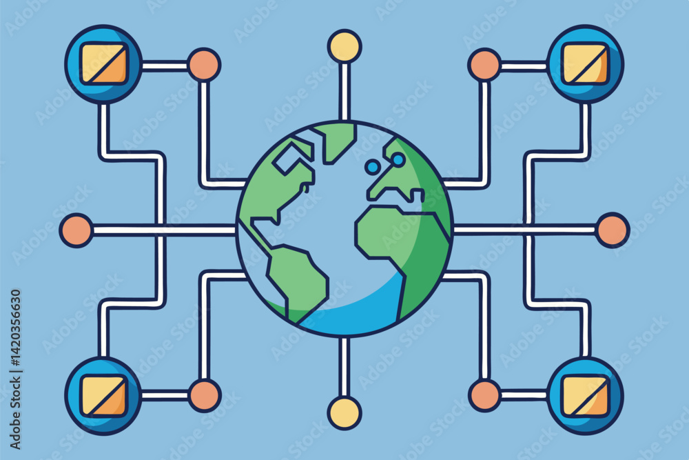 Poster global connectivity represented through minimal vector illustration featuring the earth, data connec