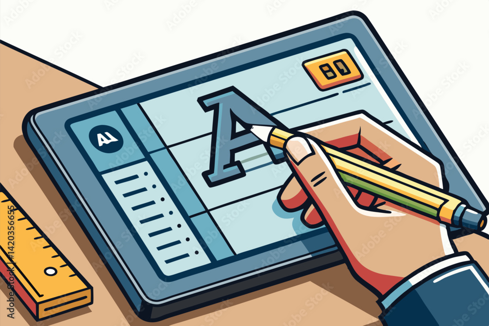 Poster creating vector illustrations on a digital tablet featuring hand-drawn typography in a minimalist st