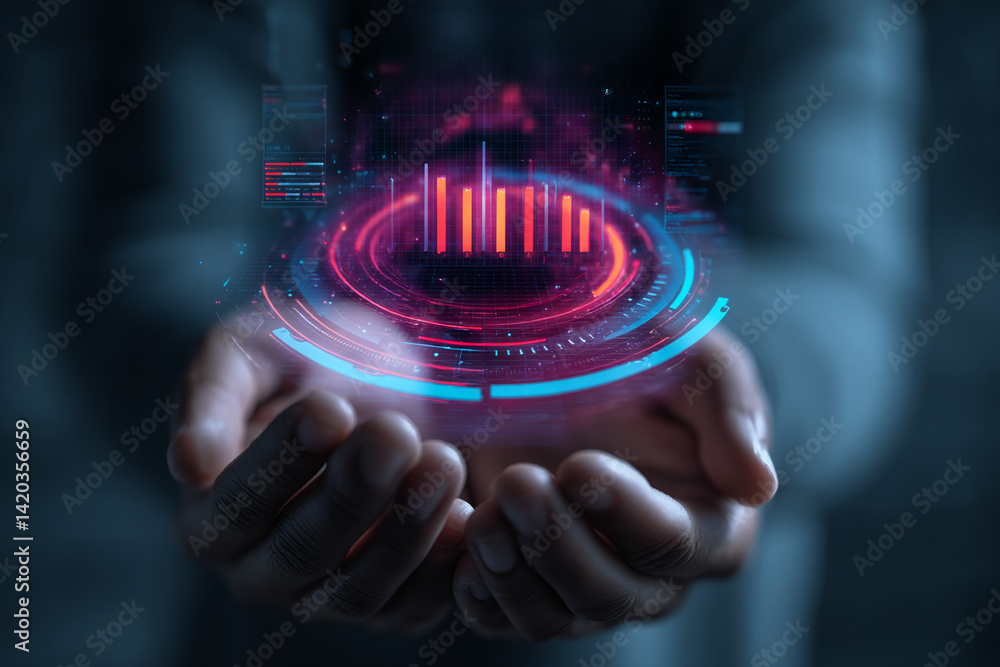 Poster hands hold glowing bar graph, digital data visualization, futuristic technology concept, showcasing 