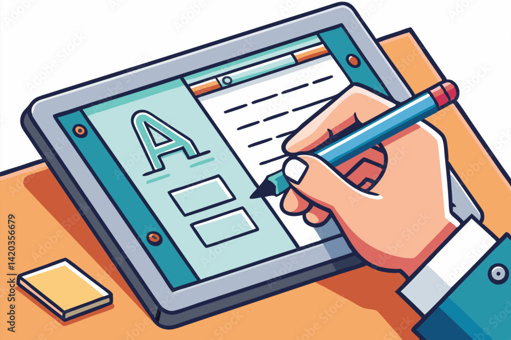 Aufkleber creating vector illustrations on a digital tablet featuring hand-drawn typography in a minimalist st