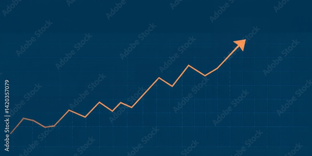 Poster a zig zagging orange line graph with an arrow pointing upward on a dark blue background