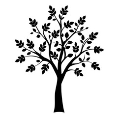 Elegant Black Tree Silhouette with Leafy Branches on a White Background