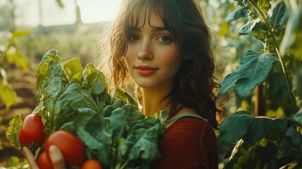 A woman stands in a garden, wearing a light t-shirt and black overalls.