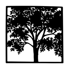 Silhouette of a Lush Tree with Leaves Framed in a Square Border