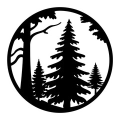 Silhouette of a forest with evergreen trees and a circle frame
