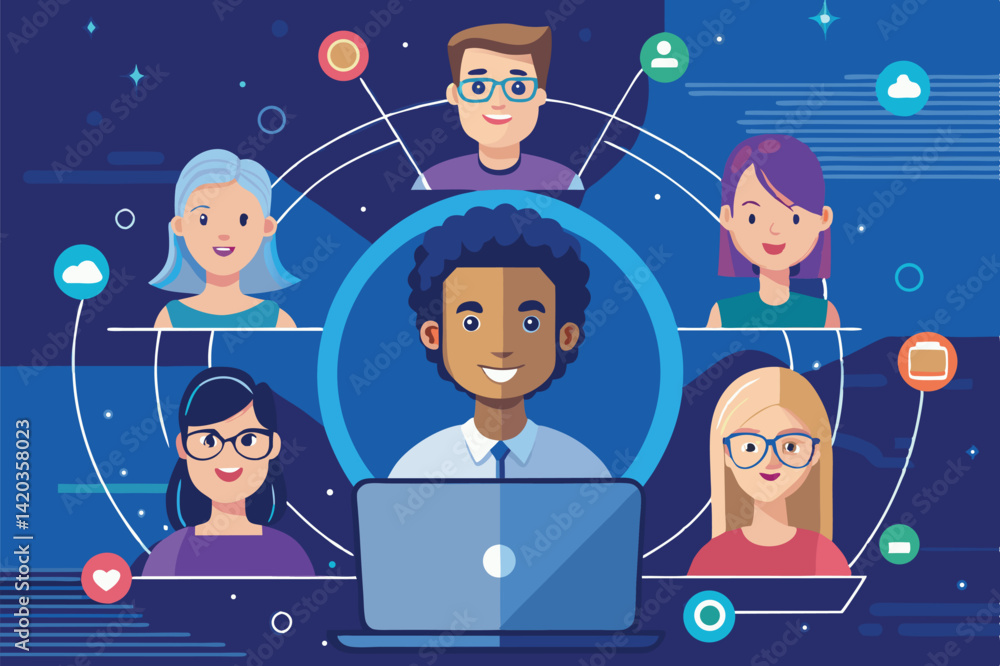 Poster digital connection among diverse individuals sharing knowledge and ideas through technology in a vir