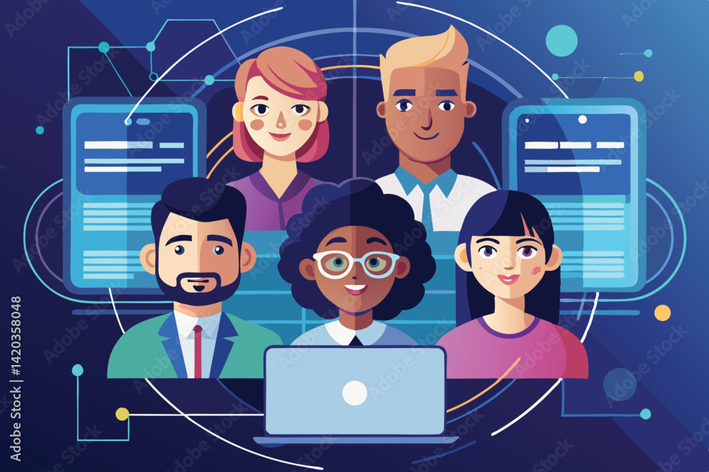 Poster digital connection among diverse individuals sharing knowledge and ideas through technology in a vir