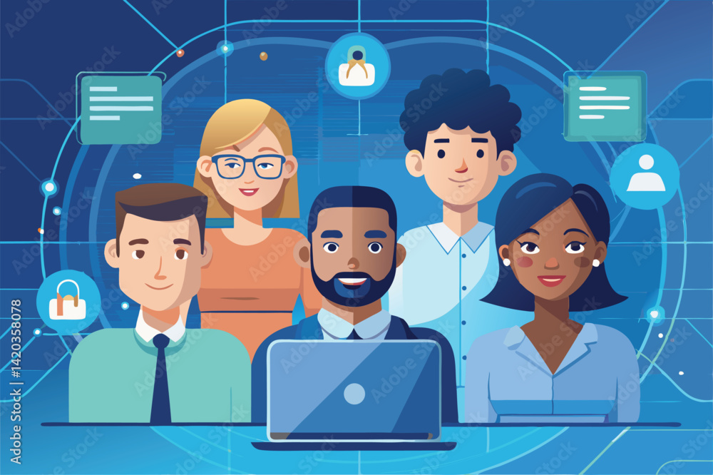 Poster digital connection among diverse individuals sharing knowledge and ideas through technology in a vir