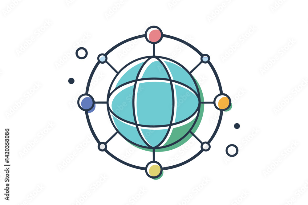 Poster global connection represented by a minimal vector illustration featuring a stylized globe and orbiti