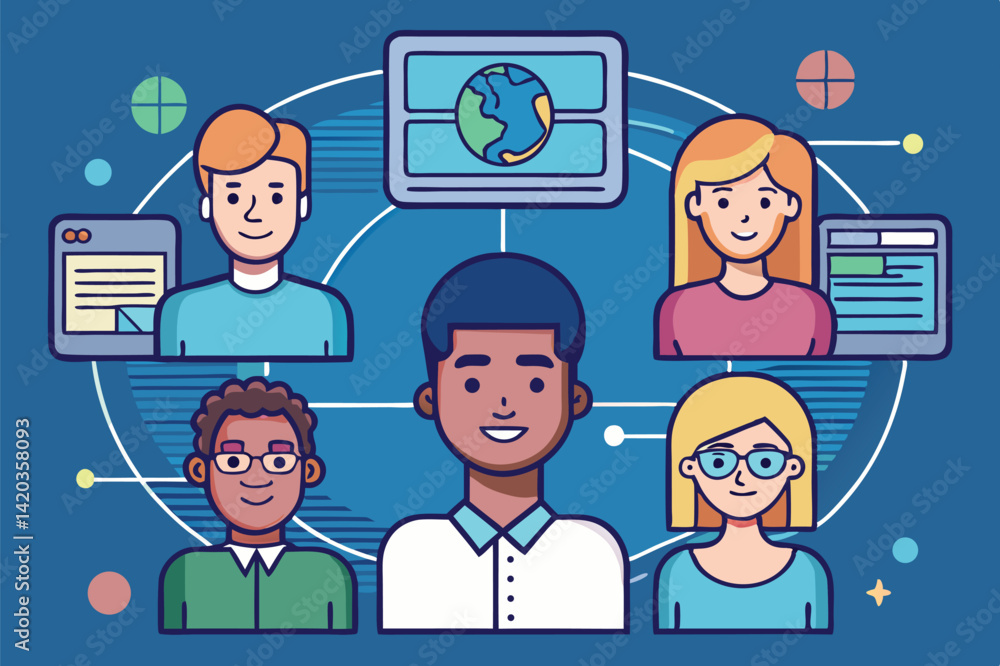 Poster digital connection among diverse individuals sharing knowledge and ideas through technology in a vir