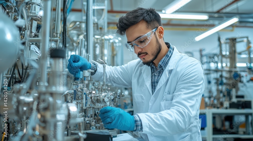 Poster A man in a lab coat is working on a machine