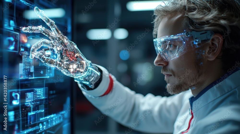 Aufkleber a man wearing a white lab coat is using a computer to control a robotic hand