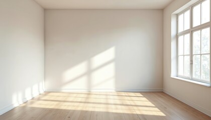 Obraz premium Empty room flooded natural light. White walls, wooden floor. Sunlight creates shadows. Interior design concept, real estate, modern home, renovation, cozy, space, blank walls for decor.