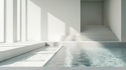 Obraz premium Modern minimalist architecture with pool and natural light in spacious interior setting