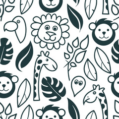 Seamless Jungle Animal Pattern &ndash; Monochrome Safari with Lions, Giraffes, and Monkeys